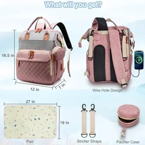 SHITIESHOU Diaper Bag Backpack Baby Bag, Baby Girl Boy Diaper Bag for Dad Mom with Pad, 16 Pockets, Pacifier Case, Large Diaper Bags Unisex for Travel(Pink Grey) - 6