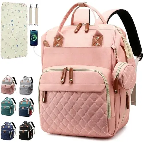 SHITIESHOU Diaper Bag Backpack Baby Bag, Baby Girl Boy Diaper Bag for Dad Mom with Pad,16 Pockets, Pacifier Case, Large Diaper Bags Unisex for Travel (Orange Pink) - Modazone