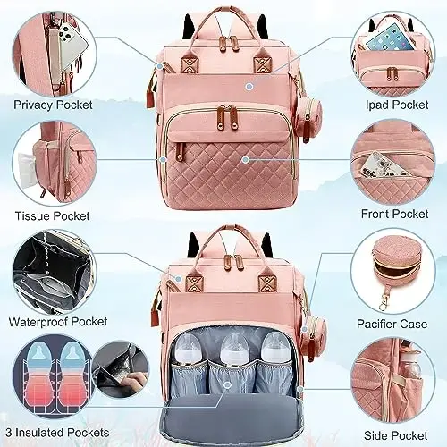 SHITIESHOU Diaper Bag Backpack Baby Bag, Baby Girl Boy Diaper Bag for Dad Mom with Pad,16 Pockets, Pacifier Case, Large Diaper Bags Unisex for Travel (Orange Pink) - 3