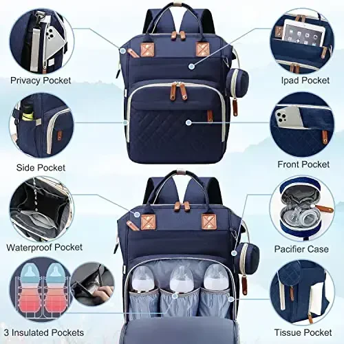 SHITIESHOU Diaper Bag Ryukzak Bolalar sumkasi, Dadam Onam uchun bolalar qiz bola sumkasi, Padli, 16 cho'ntakli, So'rg'ich g'ilofi, Sayohat uchun katta Unisex bolalar sumkalari (ko'k) - 3