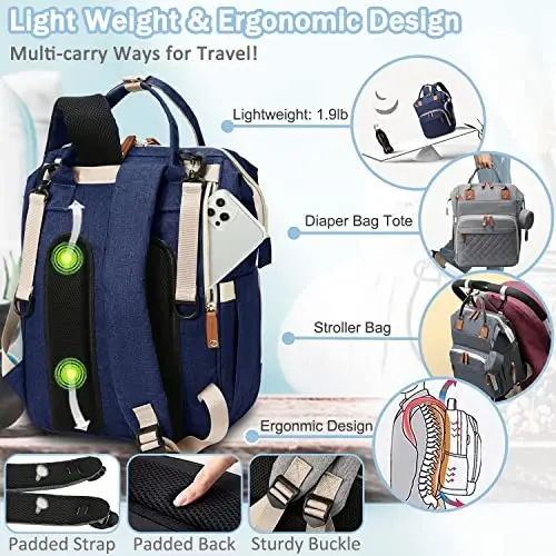 SHITIESHOU Diaper Bag Ryukzak Bolalar sumkasi, Dadam Onam uchun bolalar qiz bola sumkasi, Padli, 16 cho'ntakli, So'rg'ich g'ilofi, Sayohat uchun katta Unisex bolalar sumkalari (ko'k) - 5
