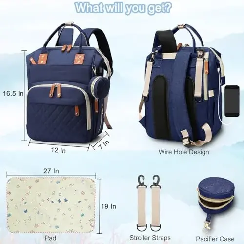 SHITIESHOU Diaper Bag Ryukzak Bolalar sumkasi, Dadam Onam uchun bolalar qiz bola sumkasi, Padli, 16 cho'ntakli, So'rg'ich g'ilofi, Sayohat uchun katta Unisex bolalar sumkalari (ko'k) - 6