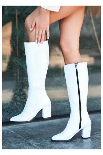 Shoes Kadın beyaz 7cm Topuklu Deri Görünümlü Çizme-BEYAZ - 5