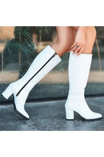 Shoes Kadın beyaz 7cm Topuklu Deri Görünümlü Çizme-BEYAZ - 2