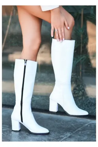 Shoes Kadın beyaz 7cm Topuklu Deri Görünümlü Çizme-BEYAZ - 3