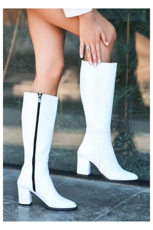 Shoes Kadın beyaz 7cm Topuklu Deri Görünümlü Çizme-BEYAZ - 3