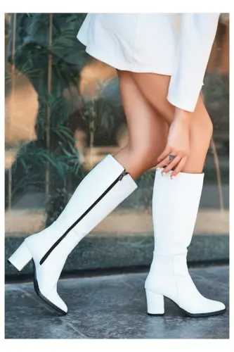 Shoes Kadın beyaz 7cm Topuklu Deri Görünümlü Çizme-BEYAZ - 4