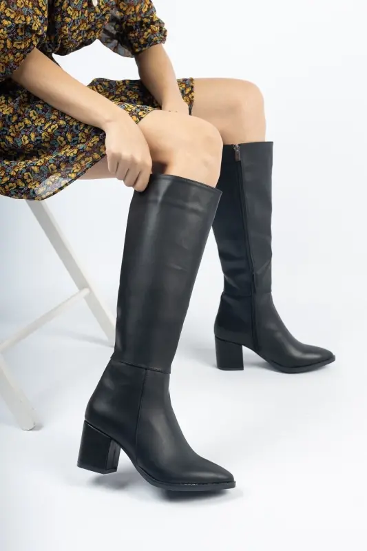 Shoes Kadın Siyah 7cm Topuklu Deri Görünümlü Çizme - Siyah Black - TAF