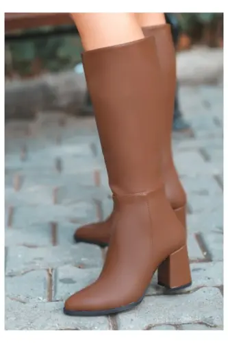 Shoes Kadın Siyah 7cm Topuklu Deri Görünümlü Çizme-TABA - 5