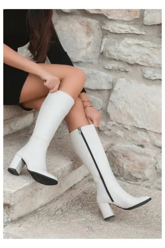 Shoes Kadın Siyah 7cm Topuklu Deri Görünümlü Çizme-WHİTE - TAF