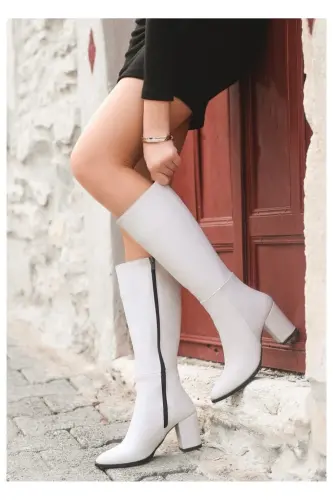 Shoes Kadın Siyah 7cm Topuklu Deri Görünümlü Çizme-WHİTE - 4