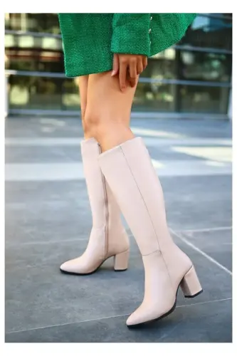 Shoes Women Black 7cm Heel Leather Look Boots-NUDE - TAF (1)
