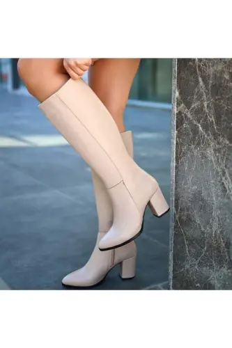 Shoes Women Black 7cm Heel Leather Look Boots-NUDE - 3
