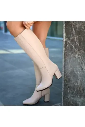 Shoes Women Black 7cm Heel Leather Look Boots-NUDE - 3