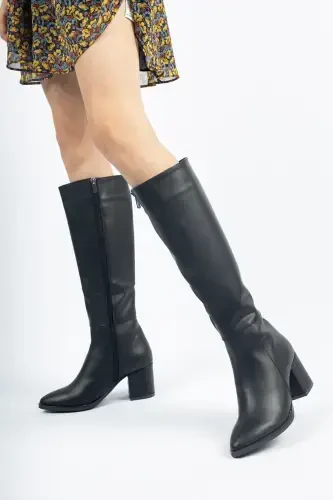 Shoes Women's Black 7cm Heel Leather Look Boots-Black Black - TAF (1)