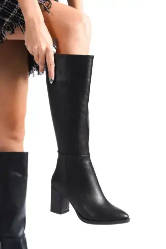 Shoes Women's Black 7cm Heel Leather Look Boots - Black Leather - 5