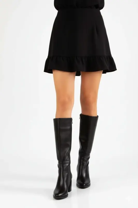 Shoes Women's Black 7cm Heel Leather Look Boots - Black Leather - 2