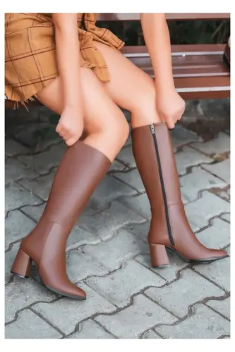 Shoes Women's Black 7cm Heeled Leather Look Boot - TAN - 1