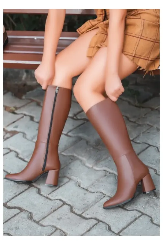 Shoes Women's Black 7cm Heeled Leather Look Boot - TAN - 3