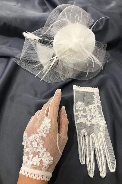 Short Bridal Gloves and Plain Bridal Hat Veil - 4