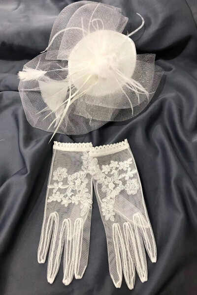 Short Bridal Gloves and Plain Bridal Hat Veil - 1