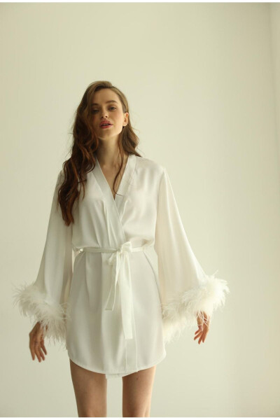 Short Bridal Robe with Ostrich Feather Satin Sleeves - 7