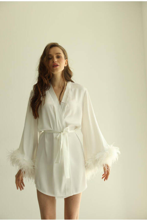 Short Bridal Robe with Ostrich Feather Satin Sleeves - 7