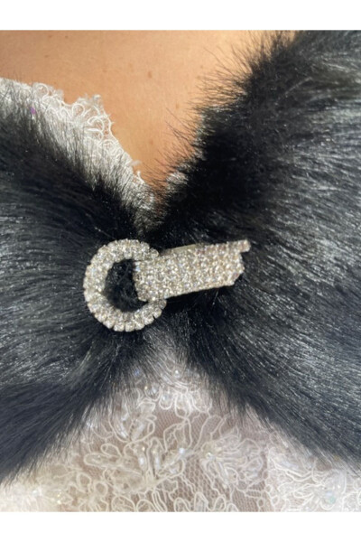 Short Brooch Detailed Bridal Stole Fur Bolero - 4