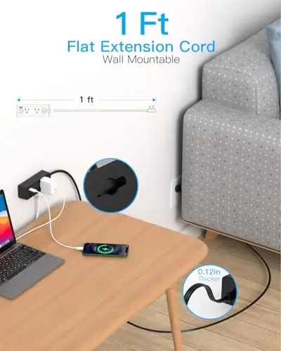 Short Extension Cord with Multiple Outlets, Flat Plug Power Strip, Black | Surge Protector with 1 Ft Cord, 6 Outlet 4 USB Ports (2 USB C), Multi Outlet Wall Plug for Travel, College, Dorm Essentials - 2