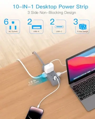 Short Extension Cord with Multiple Outlets, Flat Plug Power Strip, Grey | Surge Protector with 1 Ft Cord, 6 Outlet 4 USB Ports (2 USB C), Multi Outlet Wall Plug for Travel, College, Dorm Essentials - 3