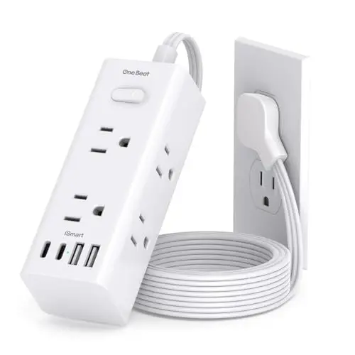 Short Extension Cord with Multiple Outlets, Flat Plug Power Strip, White | Surge Protector with 1 Ft Cord, 6 Outlet 4 USB Ports (2 USB C), Multi Outlet Wall Plug for Travel, College, Dorm Essentials - One Beat