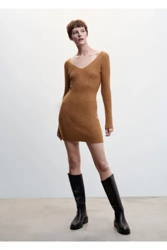 Short Knit Dress - Medium Brown - 5