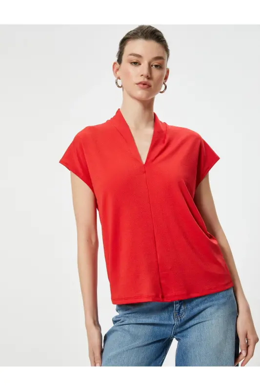 Short Sleeve Blouse Stand-up V Neck Standard Fit-Red - KOTON