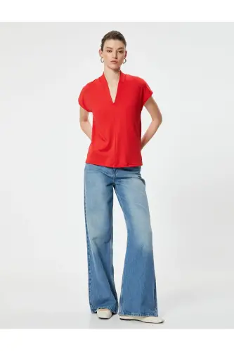 Short Sleeve Blouse Stand-up V Neck Standard Fit-Red - 2