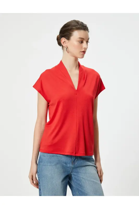 Short Sleeve Blouse Stand-up V Neck Standard Fit-Red - 3