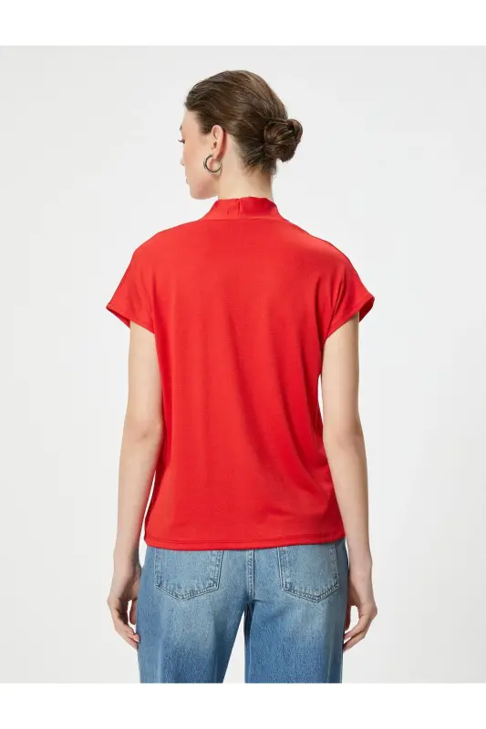 Short Sleeve Blouse Stand-up V Neck Standard Fit-Red - 4