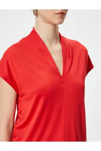Short Sleeve Blouse Stand-up V Neck Standard Fit-Red - 5