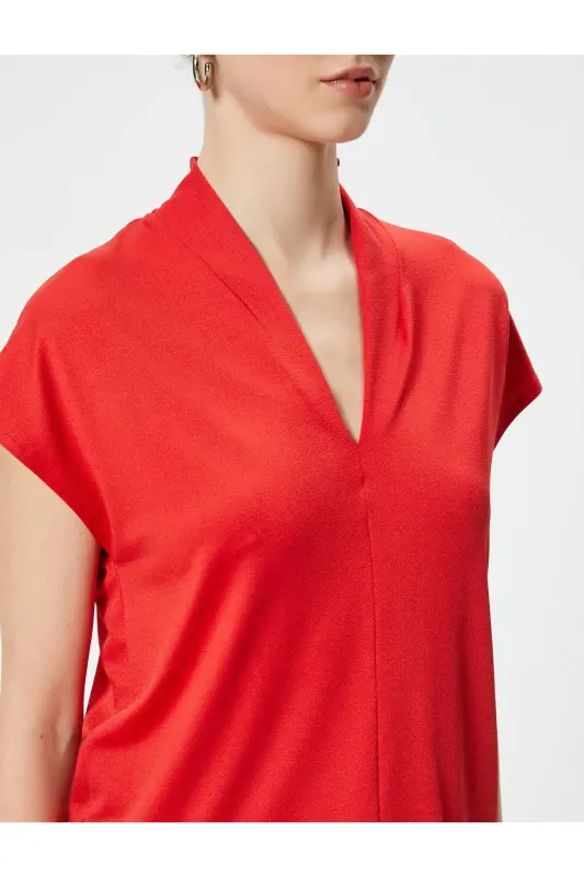 Short Sleeve Blouse Stand-up V Neck Standard Fit-Red - 5