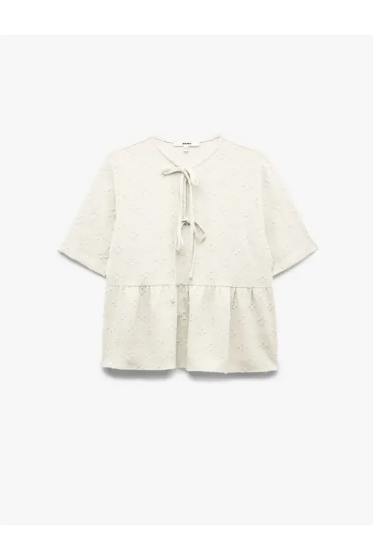 Short Sleeve Bow Detailed Textured Tie Front B - 3