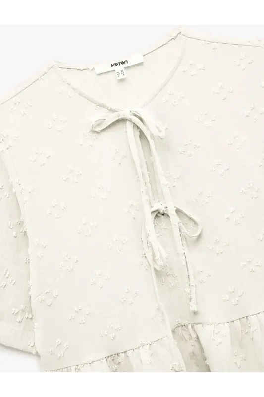 Short Sleeve Bow Detailed Textured Tie Front B - 5