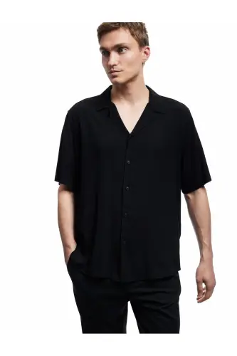 Short Sleeve Button-Down Viscose Shirt - Black 