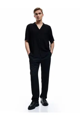 Short Sleeve Button-Down Viscose Shirt - Black - KOTON (1)