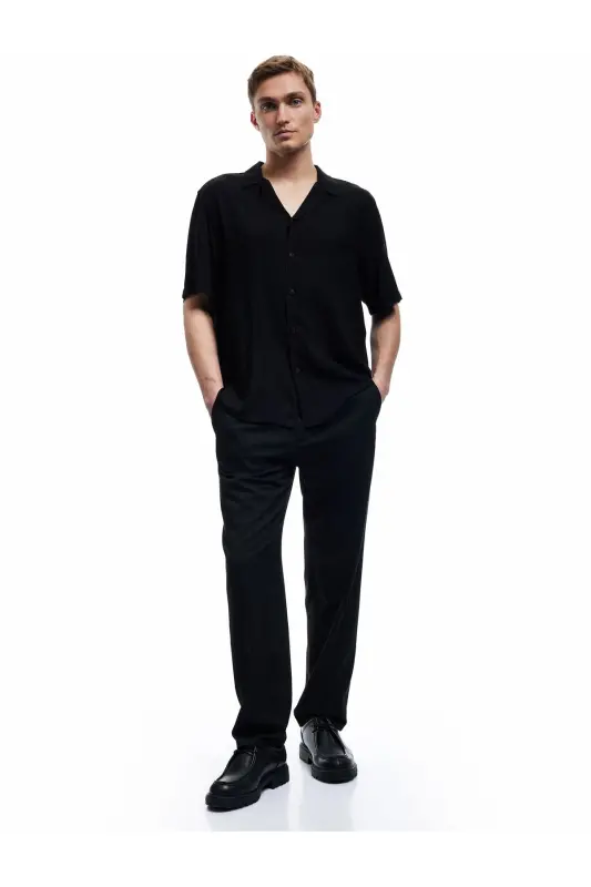 Short Sleeve Button-Down Viscose Shirt - Black - 2