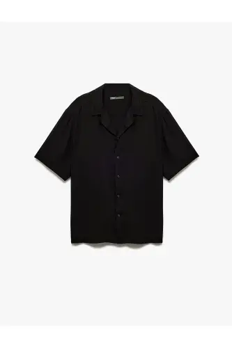 Short Sleeve Button-Down Viscose Shirt - Black - 3