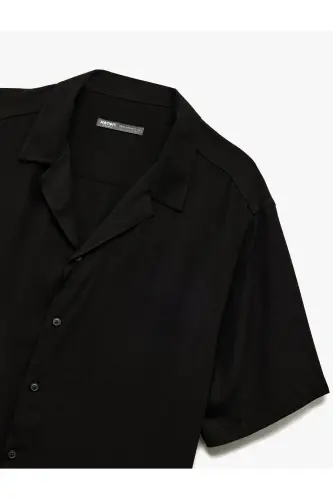 Short Sleeve Button-Down Viscose Shirt - Black - 5