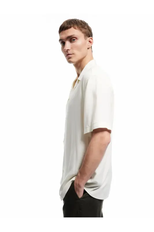 Short Sleeve Button-Up Viscose Shirt-Ecru - 1