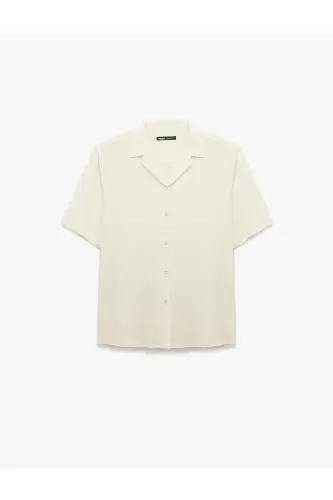 Short Sleeve Button-Up Viscose Shirt-Ecru - 3
