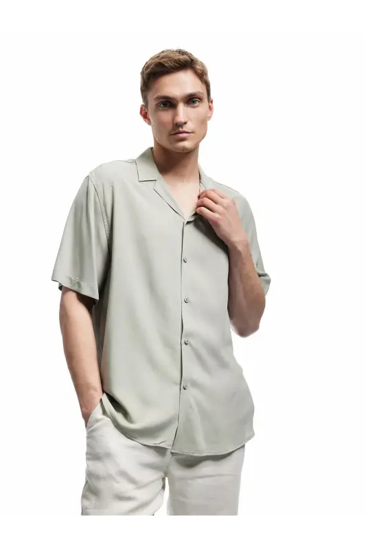 Short Sleeve Button-Up Viscose Shirt - Green - KOTON