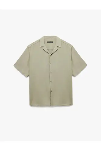 Short Sleeve Button-Up Viscose Shirt - Green - 3