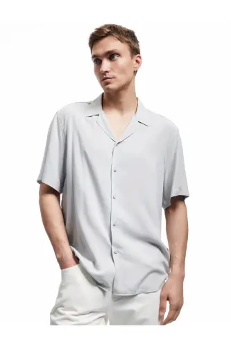 Short Sleeve Camp Collar Button-Up Viscose Shirt-Gray 